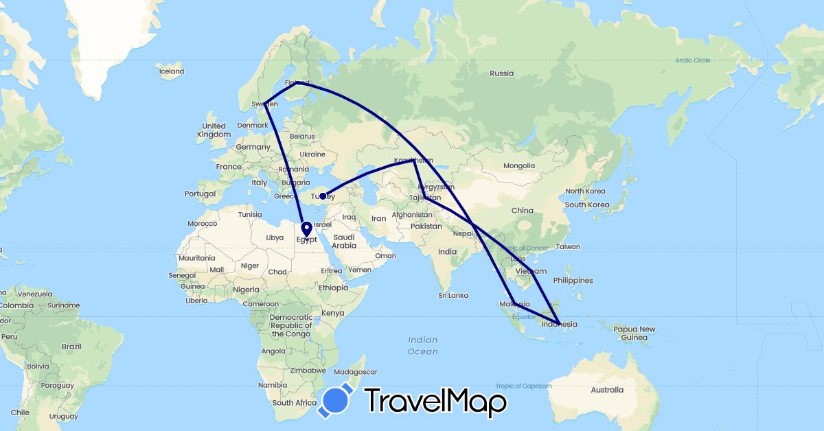 TravelMap itinerary: driving in Egypt, Finland, Indonesia, Malaysia, Sweden (Africa, Asia, Europe)